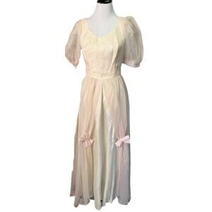 Vintage 1980s Cream Princess Dress with Sheer Iridescent Overlay Medium
